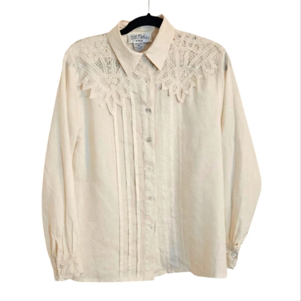 Vintage Bob Mackie Womens Cream Off- white 100% Linen Lace Blouse – Size 10